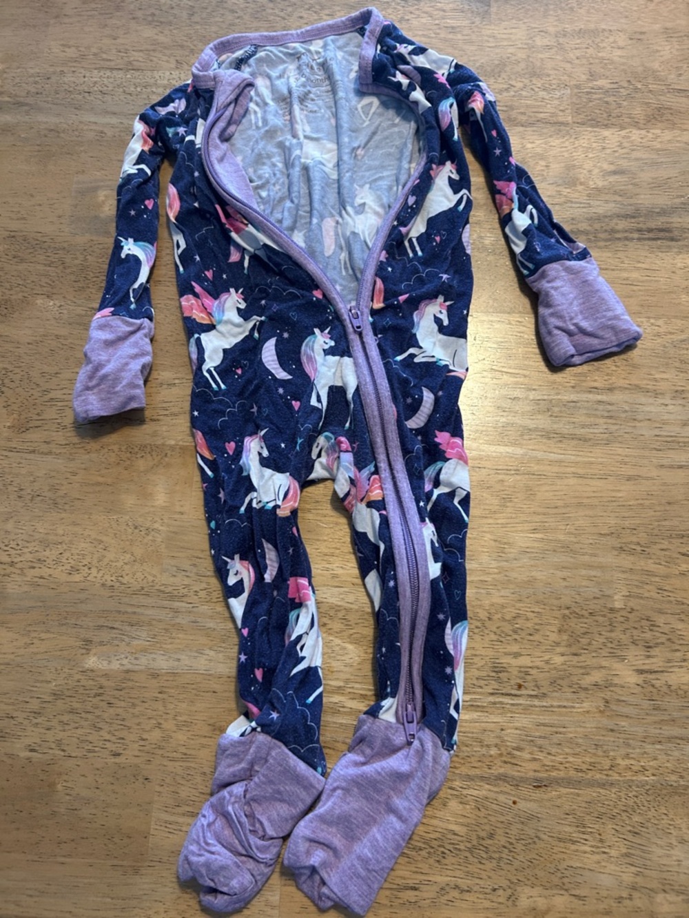 Little sleepies Girls' Navy Unicorn Footed One-Piece Pajamas with Lavender Trim